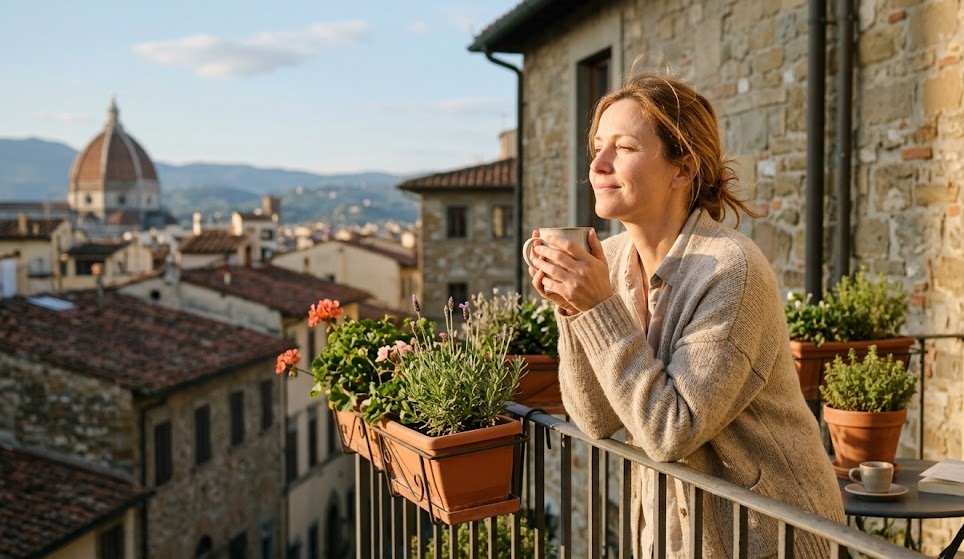 Tazza di t&egrave; caldo su un davanzale mattutino soleggiato